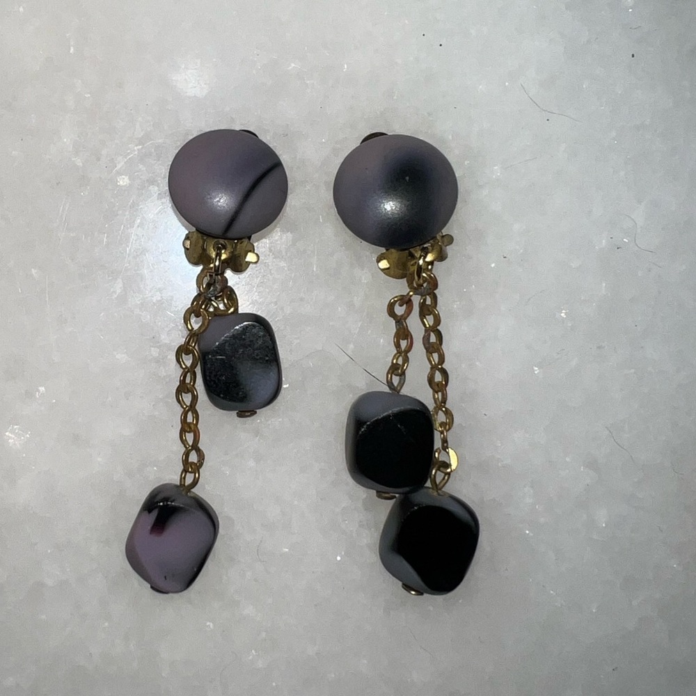 Boho Vintage Austria Signed Purple Marbled Polished Stone Dangle Earrings